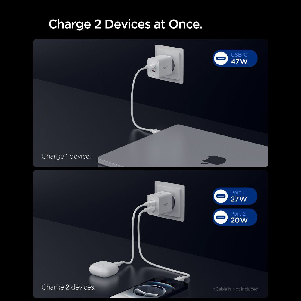 Spigen Essential Network Charger, 47W, 3A, 2 x USB-C, White ACH08707