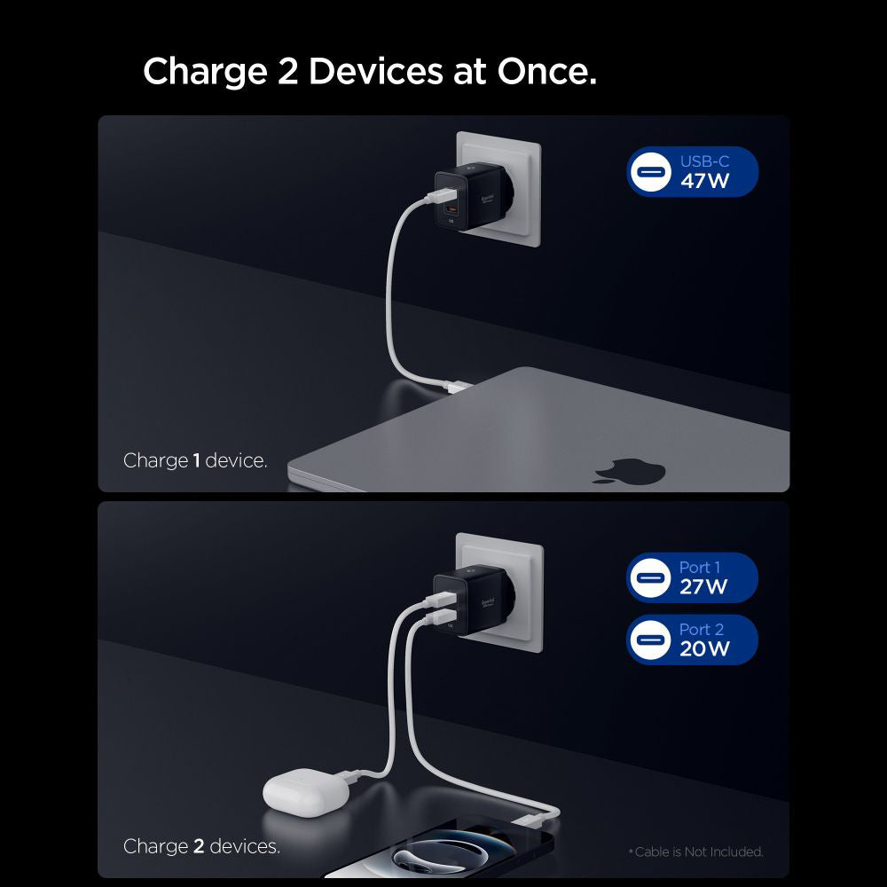 Spigen Essential Network Charger, 47W, 3A, 2 x USB-C, Black ACH09457