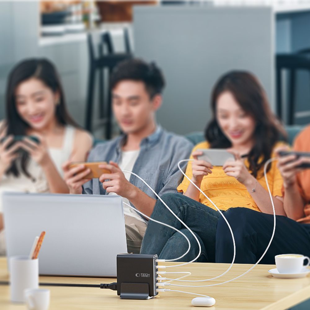 Network Charger Tech-Protect DC80W, 80W, 3A, 2 x USB-A - 4 x USB-C, Black 
