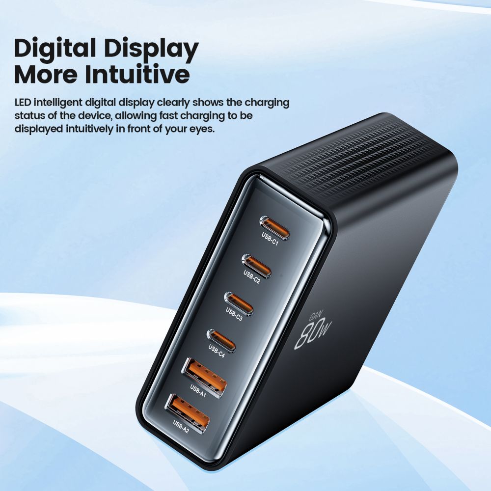 Network Charger Tech-Protect DC80W, 80W, 3A, 2 x USB-A - 4 x USB-C, Black 