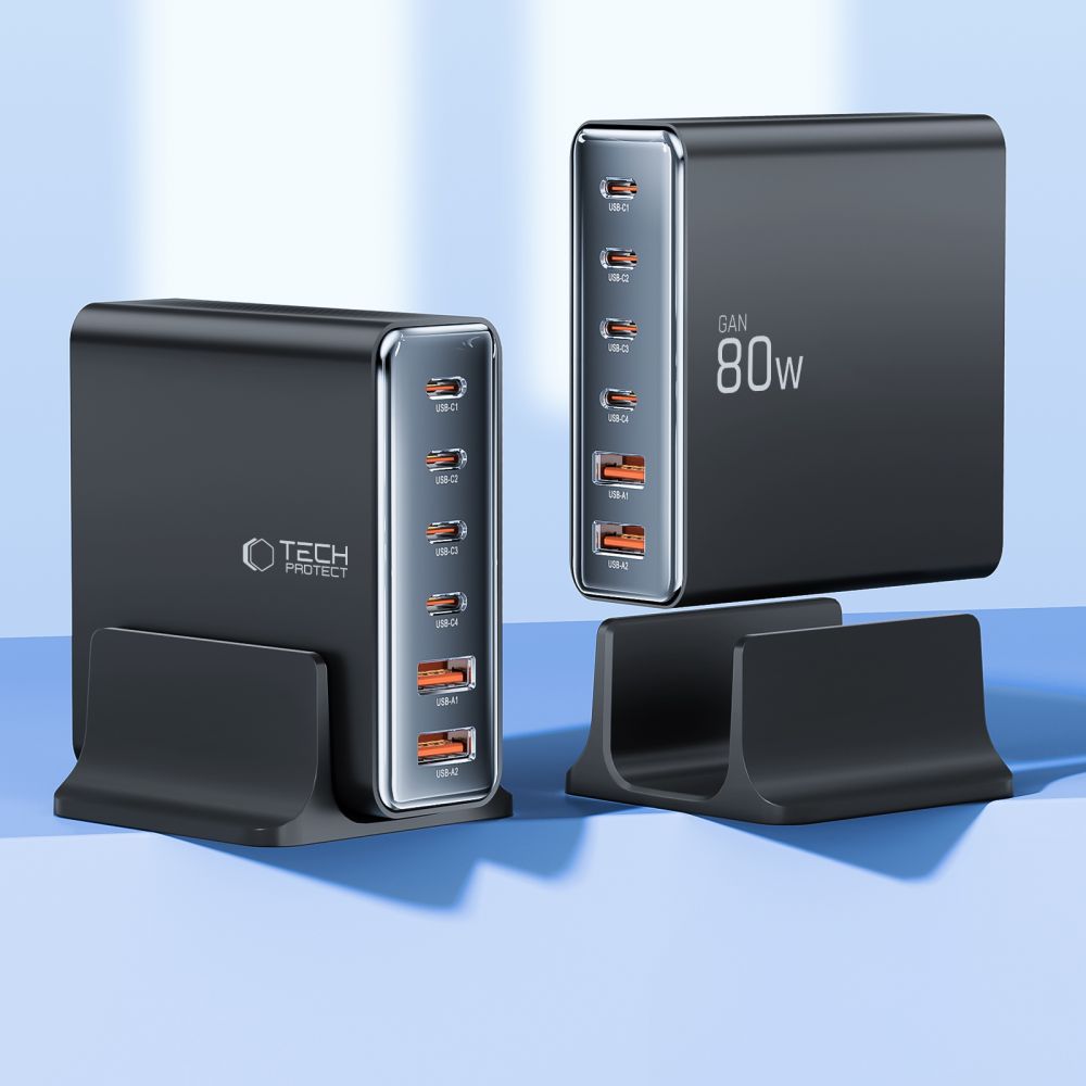 Network Charger Tech-Protect DC80W, 80W, 3A, 2 x USB-A - 4 x USB-C, Black 