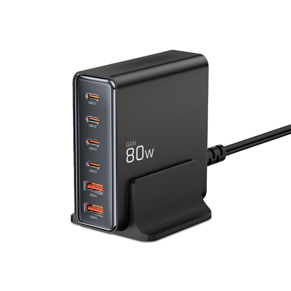 Network Charger Tech-Protect DC80W, 80W, 3A, 2 x USB-A - 4 x USB-C, Black 