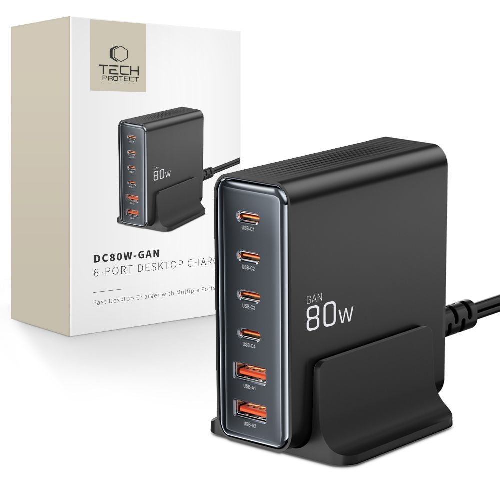 Network Charger Tech-Protect DC80W, 80W, 3A, 2 x USB-A - 4 x USB-C, Black 