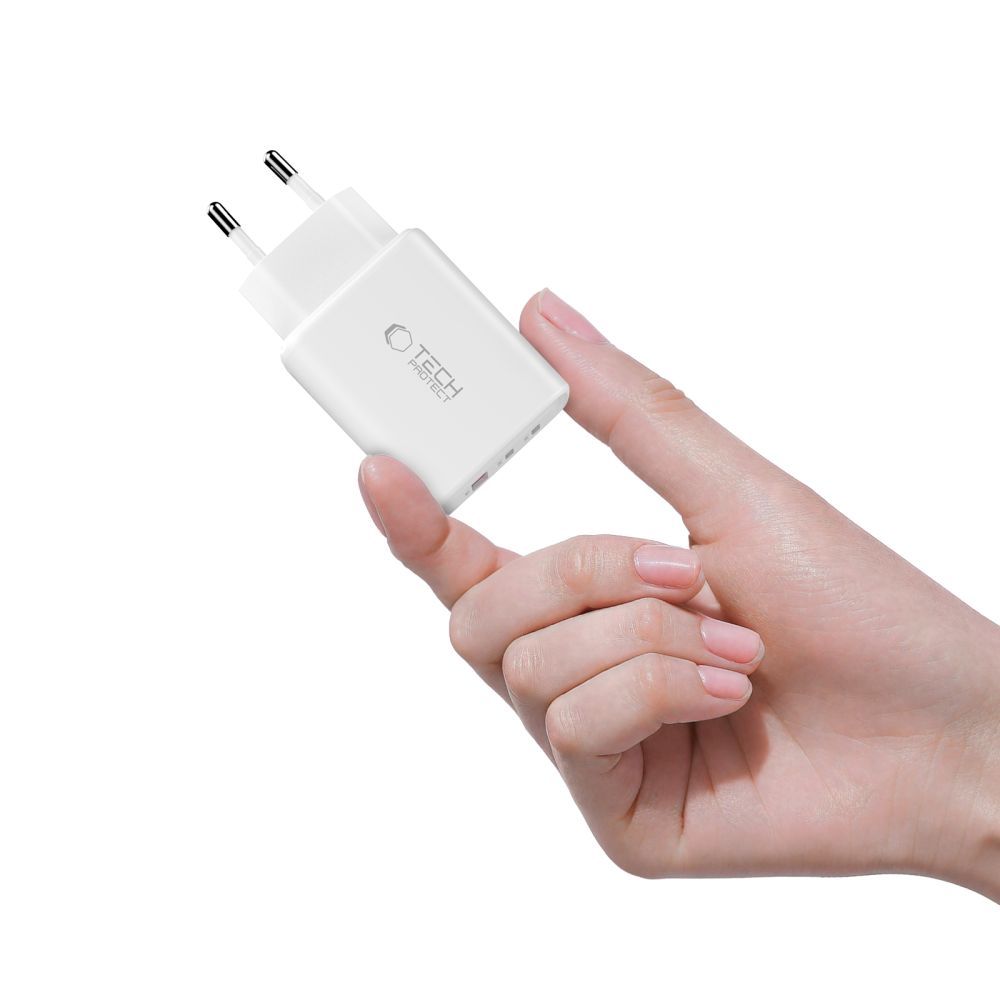 Tech-Protect NCA65W Network Charger, 65W, 3A, 1 x USB-A - 2 x USB-C, White