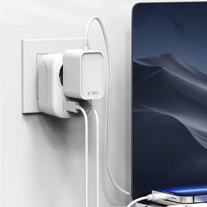 Tech-Protect TA100 Travel UK Network Charger, 20W, 3A, 1 x Schuko - 1 x USB-A - 1 x USB-C, White