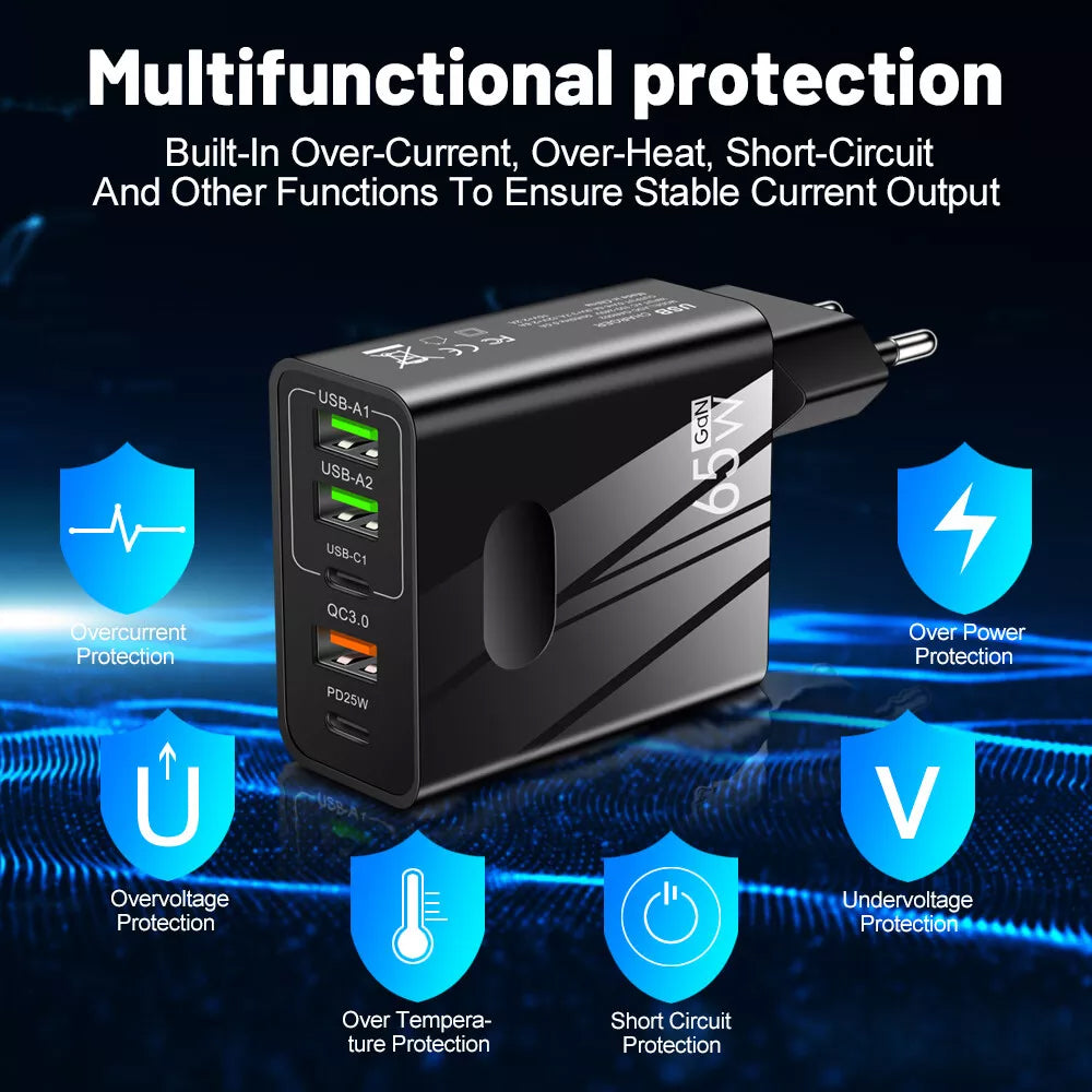 Techsuit CHC1 PentaXPower Network Charger, 25W, 3A, 3 x USB-A - 2 x USB-C, Black