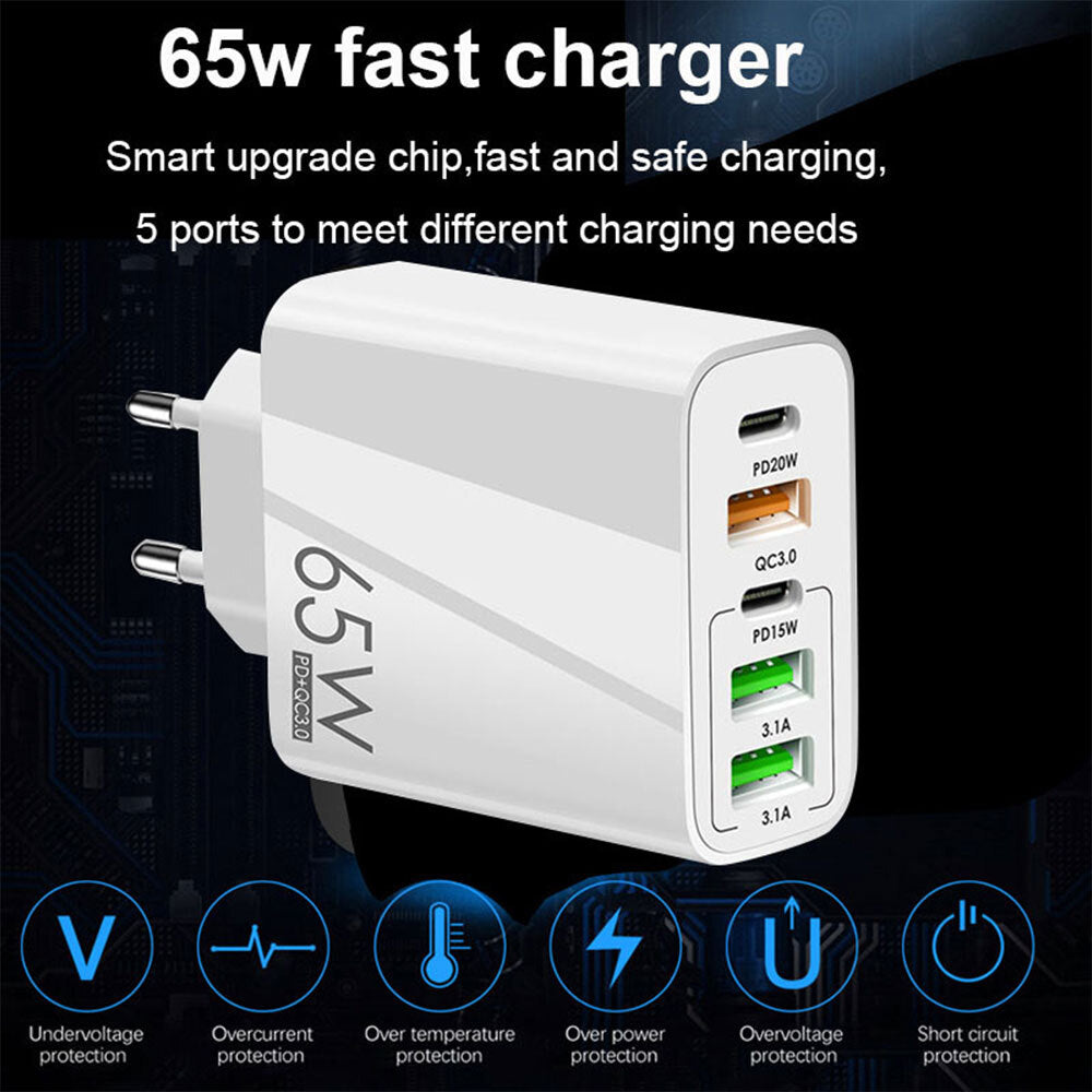 Techsuit CHC2 PentaXPower Network Charger, 20W, 3A, 3 x USB-A - 2 x USB-C, White