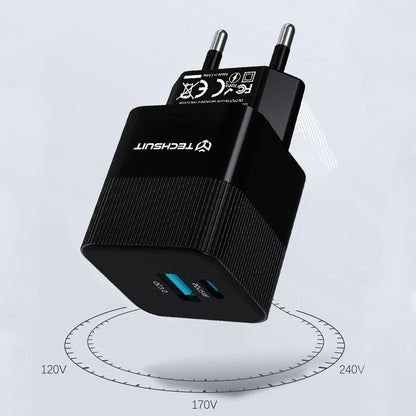 Techsuit CHPD216 Tiny Network Charger, 25W, 3A, 1 x USB-A - 1 x USB-C, White