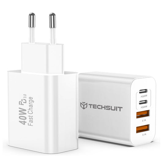 Techsuit PowerXQuad CH4 Network Charger, 40W, 3A, 2 x USB-A - 2 x USB-C, White
