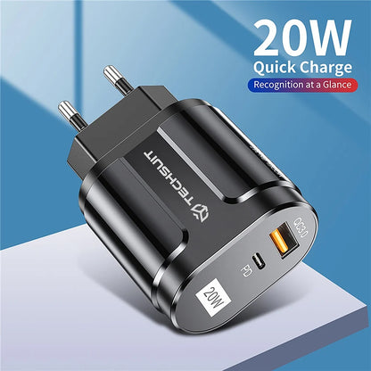 Techsuit Premium Network Charger, 20W, 3A, 1 x USB-A - 1 x USB-C, White