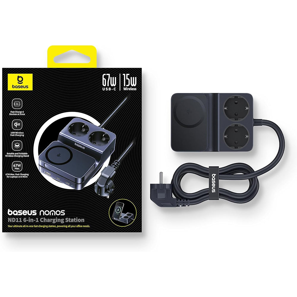 Baseus Nomos ND11 QI 6in1 Charging Station, 67W, 3.35A, 1 x USB-A - 2 x USB-C - 2 x Schuko, Black P80015804213-00