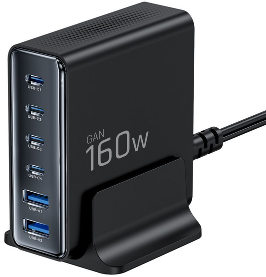 Tech-Protect DC160W-GAN Charging Station, 160W, 5A, 2 x USB-A - 4 x USB-C, Black