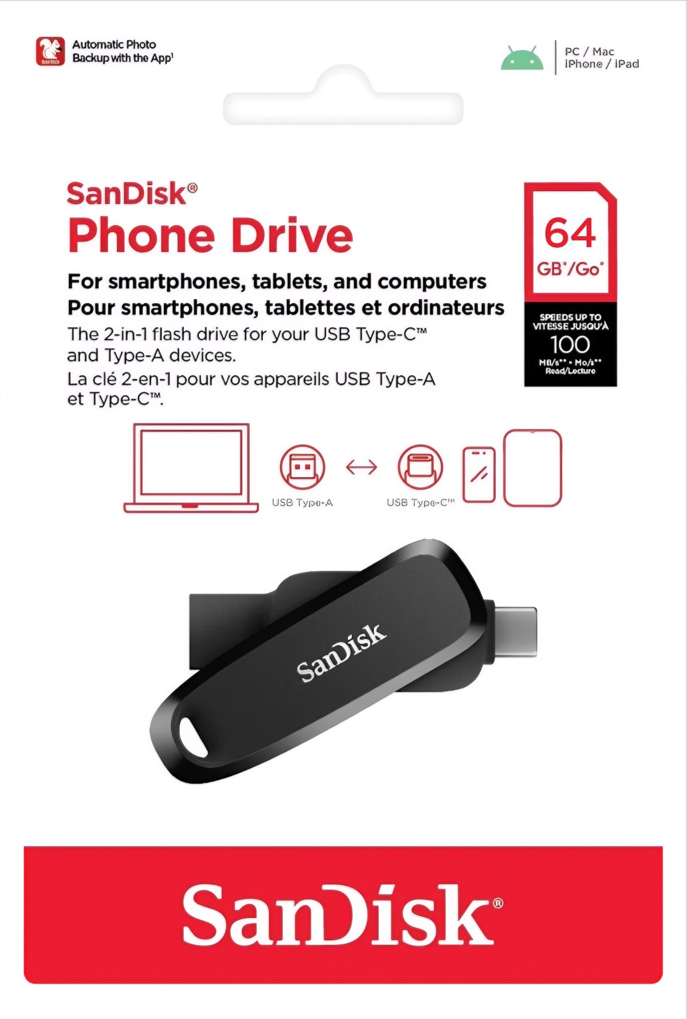 SanDisk Phone Drive External Memory USB-A 3.2 / USB-C, 64Gb SDDDC6-064G-G46
