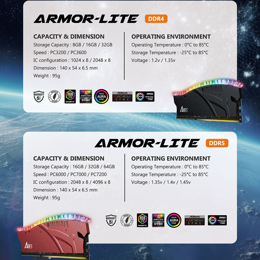 Dato Ares Armor Lite RAM, DDR5, RGB, 16GB, 6000Mhz, Black ARB16G5K60