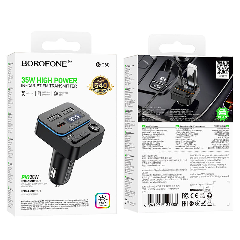 FM Bluetooth Modulator Borofone BC60 Hero, 2 x USB-A - 1 x USB-C
